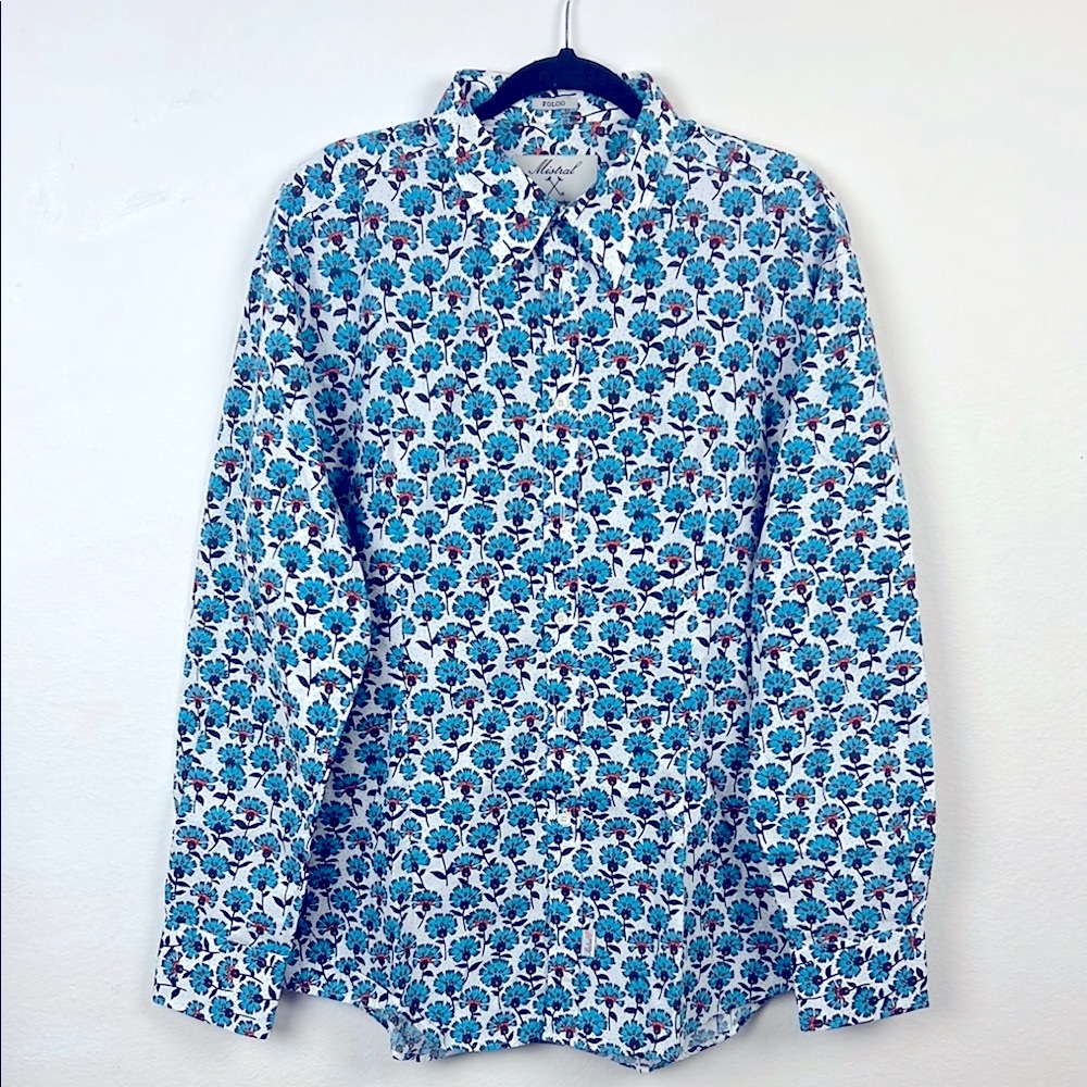 Mistral Folco Floral Blue & White Men's Shirt Cotton Long Sleeve Button Up 2XL